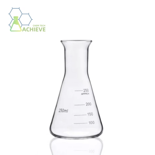 Fflasg erlenmeyer mewn labordy